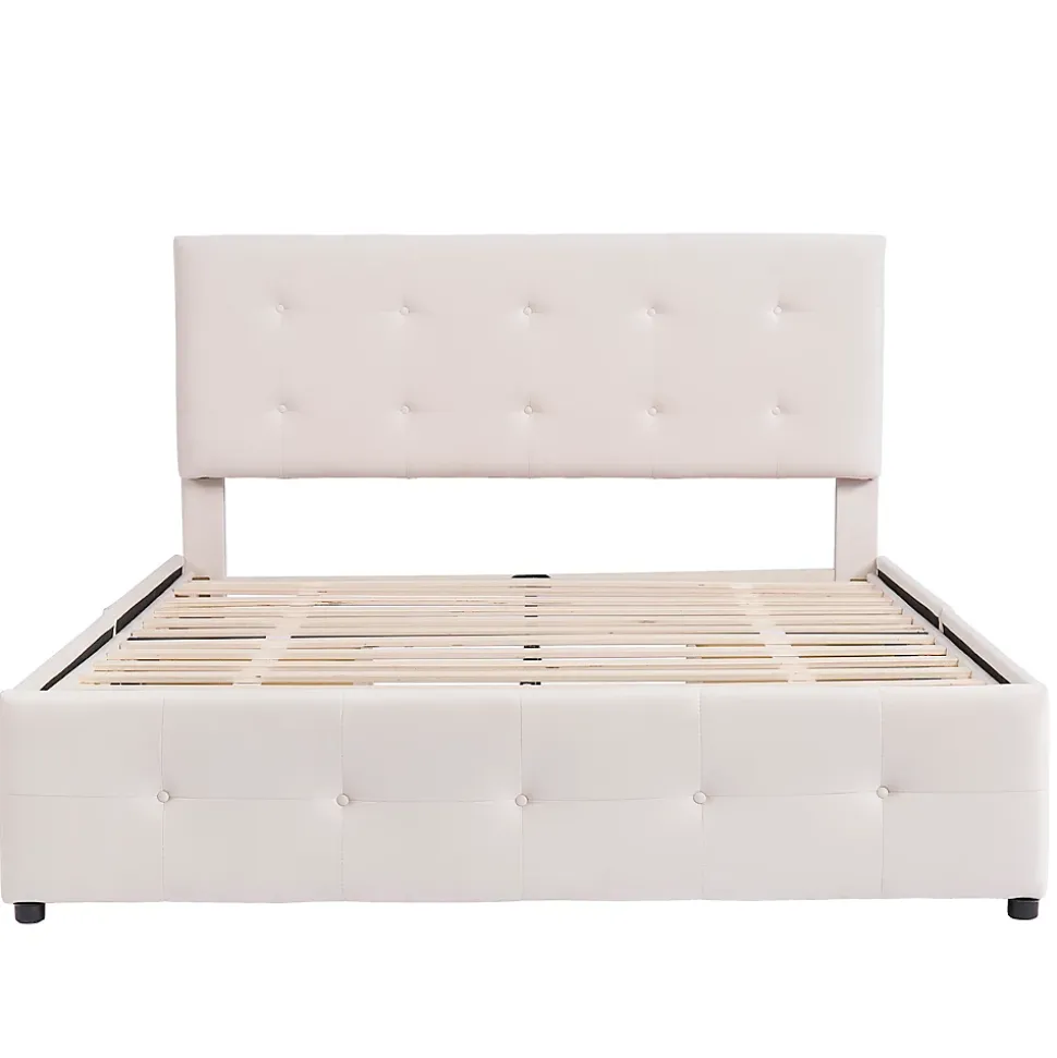 Lit Double 140x200 cm - avec 4 Tiroirs, Lit Confortable en Velours, Tête de Lit capitonnée, Sans Matelas, Beige