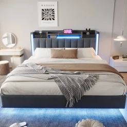 Lit Double 160x200 cm - avec Coffre de Rangement, LED et Port USB Intégré, Sans Matelas, Tissu Lin, Gris