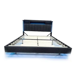 Lit Double 160x200 cm - avec Coffre de Rangement, LED et Port USB Intégré, Sans Matelas, Tissu Lin, Gris