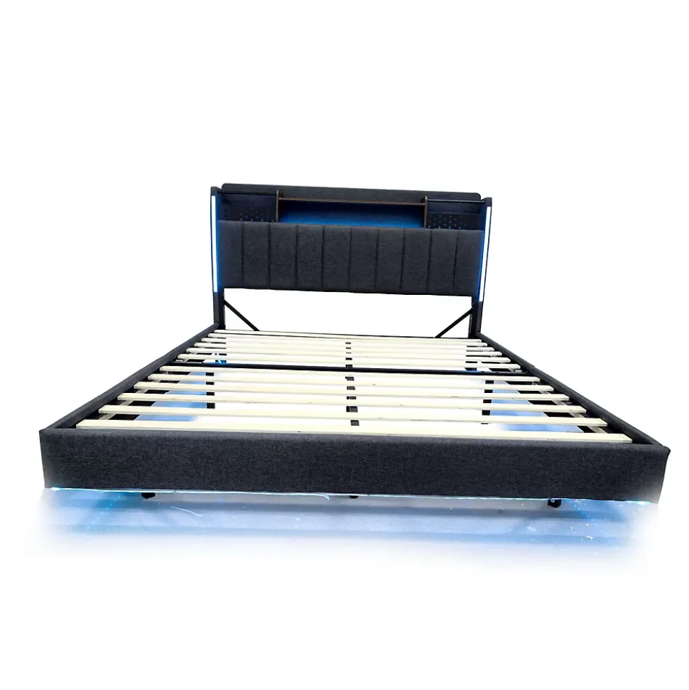 Lit Double 160x200 cm - avec Coffre de Rangement, LED et Port USB Intégré, Sans Matelas, Tissu Lin, Gris