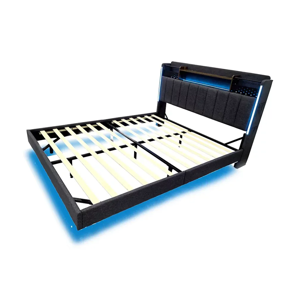 Lit Double 160x200 cm - avec Coffre de Rangement, LED et Port USB Intégré, Sans Matelas, Tissu Lin, Gris