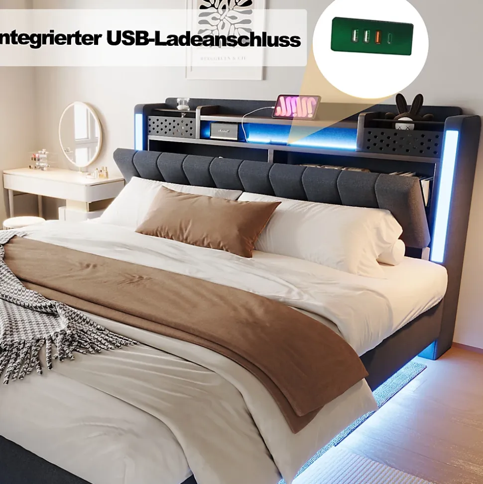 Lit Double 160x200 cm - avec Coffre de Rangement, LED et Port USB Intégré, Sans Matelas, Tissu Lin, Gris