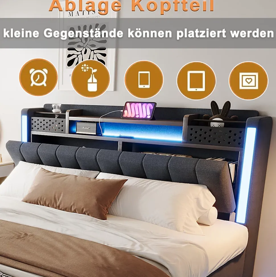 Lit Double 160x200 cm - avec Coffre de Rangement, LED et Port USB Intégré, Sans Matelas, Tissu Lin, Gris