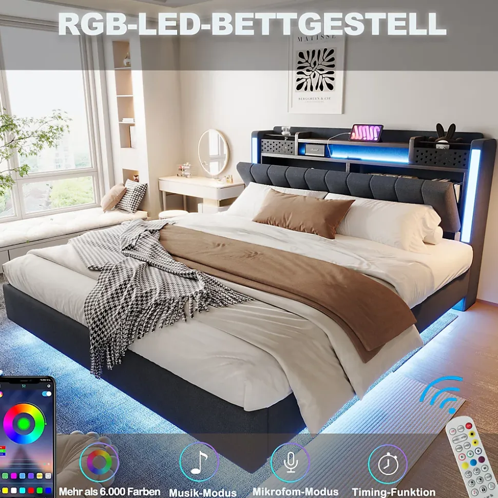 Lit Double 160x200 cm - avec Coffre de Rangement, LED et Port USB Intégré, Sans Matelas, Tissu Lin, Gris