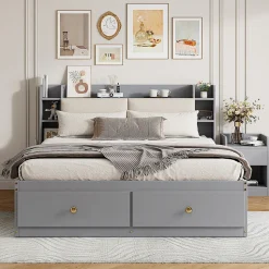 Lit Double 140x200 cm - avec Rangement Intégré et Tiroirs Latéraux, Banc Coffre pour Gain de Place - Gris