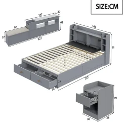 Lit Double 140x200 cm - avec Rangement Intégré et Tiroirs Latéraux, Banc Coffre pour Gain de Place - Gris