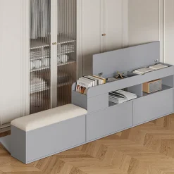 Lit Double 140x200 cm - avec Rangement Intégré et Tiroirs Latéraux, Banc Coffre pour Gain de Place - Gris