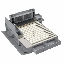 Lit Double 140x200 cm - avec Rangement Intégré et Tiroirs Latéraux, Banc Coffre pour Gain de Place - Gris