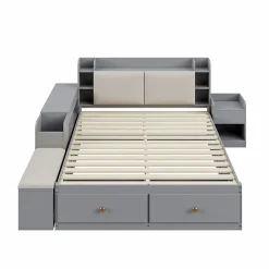Lit Double 140x200 cm - avec Rangement Intégré et Tiroirs Latéraux, Banc Coffre pour Gain de Place - Gris