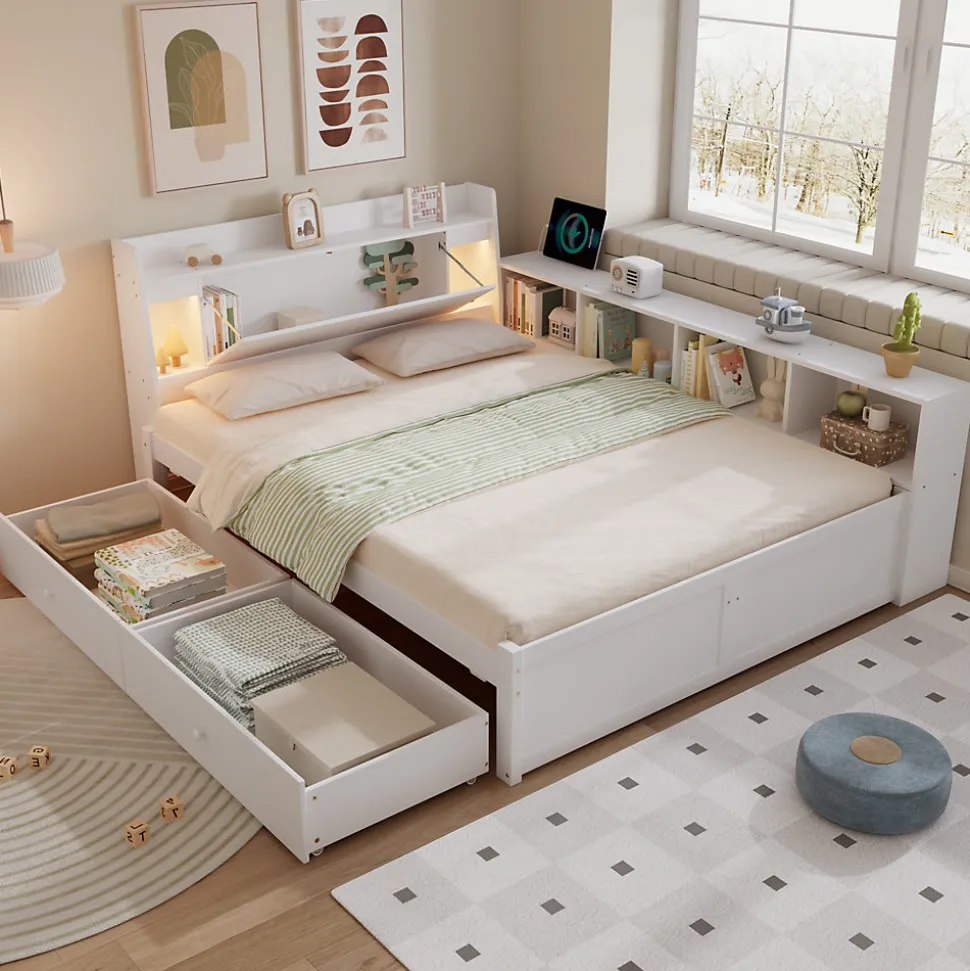 Lit Double 140x200 cm - avec Rangement, Tiroirs sous le Lit, Chargeur et Lumière Intégrée, en MDF Blanc, Sans Matelas