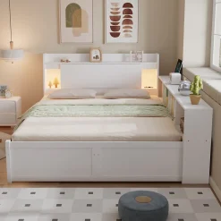 Lit Double 140x200 cm - avec Rangement, Tiroirs sous le Lit, Chargeur et Lumière Intégrée, en MDF Blanc, Sans Matelas