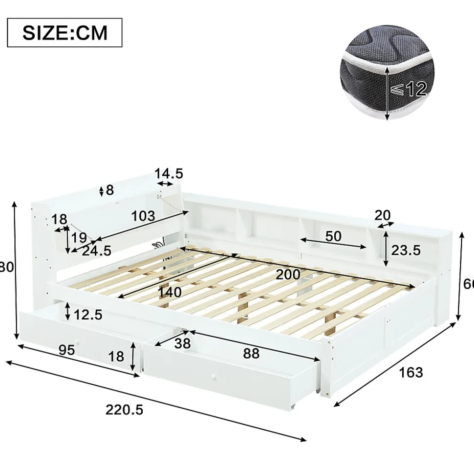 Lit Double 140x200 cm - avec Rangement, Tiroirs sous le Lit, Chargeur et Lumière Intégrée, en MDF Blanc, Sans Matelas
