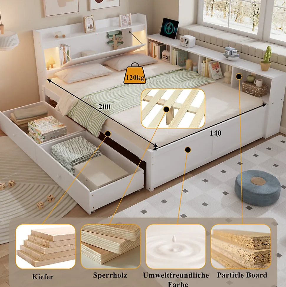 Lit Double 140x200 cm - avec Rangement, Tiroirs sous le Lit, Chargeur et Lumière Intégrée, en MDF Blanc, Sans Matelas