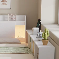 Lit Double 140x200 cm - avec Rangement, Tiroirs sous le Lit, Chargeur et Lumière Intégrée, en MDF Blanc, Sans Matelas