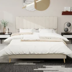 Lit Double 160x200 cm - avec Tête de Lit Douce et Base Basse Anti-Poussière, Cadre Confortable, en Velours, Beige, Sans Matelas