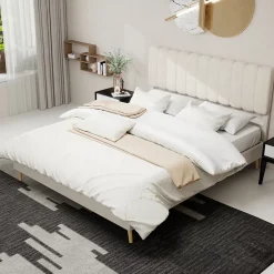 Lit Double 160x200 cm - avec Tête de Lit Douce et Base Basse Anti-Poussière, Cadre Confortable, en Velours, Beige, Sans Matelas