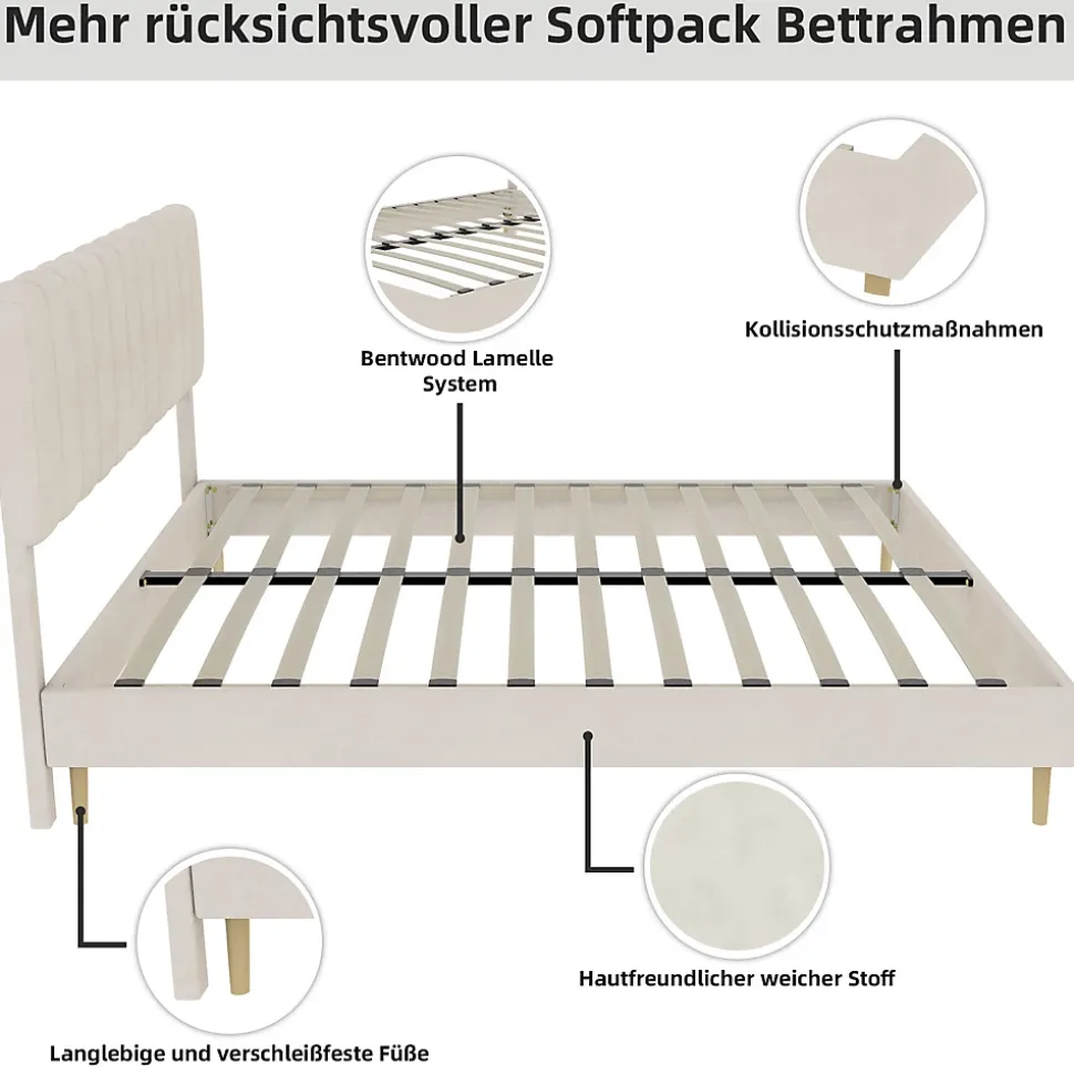 Lit Double 140x200 cm - avec Tête de Lit Douce et Base Basse Anti-Poussière, Cadre Confortable, en Velours, Beige, Sans Matelas
