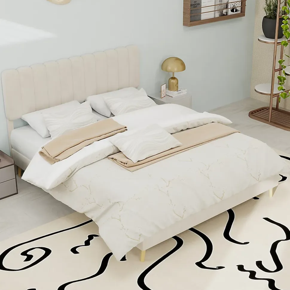 Lit Double 140x200 cm - avec Tête de Lit Douce et Base Basse Anti-Poussière, Cadre Confortable, en Velours, Beige, Sans Matelas