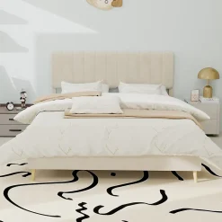 Lit Double 140x200 cm - avec Tête de Lit Douce et Base Basse Anti-Poussière, Cadre Confortable, en Velours, Beige, Sans Matelas
