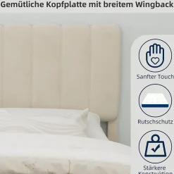 Lit Double 140x200 cm - avec Tête de Lit Douce et Base Basse Anti-Poussière, Cadre Confortable, en Velours, Beige, Sans Matelas