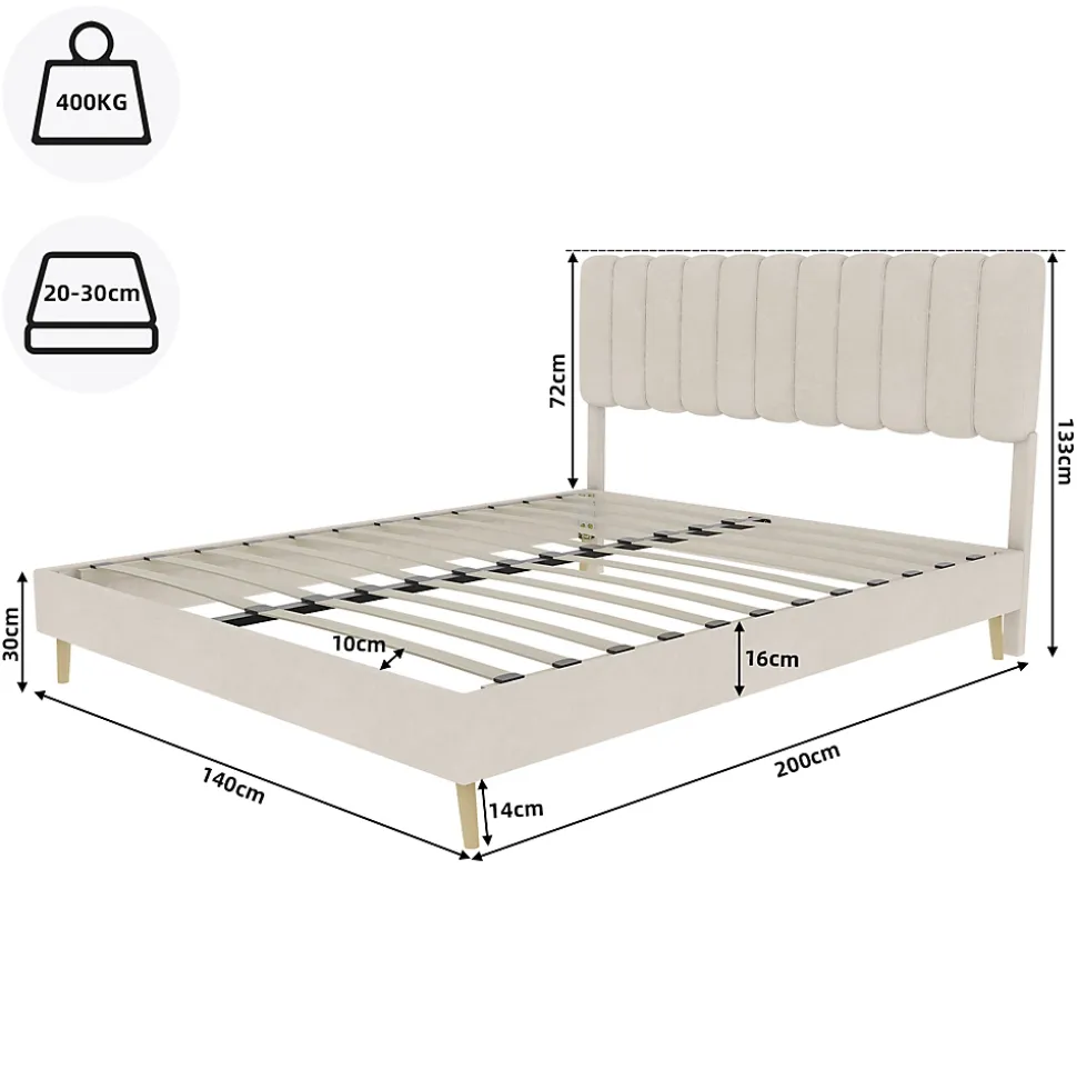 Lit Double 140x200 cm - avec Tête de Lit Douce et Base Basse Anti-Poussière, Cadre Confortable, en Velours, Beige, Sans Matelas