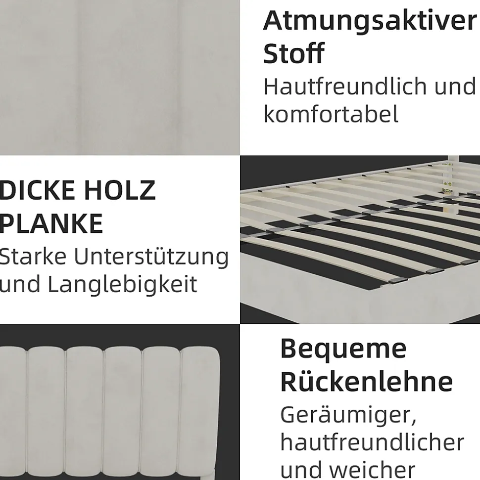 Lit Double 140x200 cm - avec Tête de Lit Douce et Base Basse Anti-Poussière, Cadre Confortable, en Velours, Beige, Sans Matelas