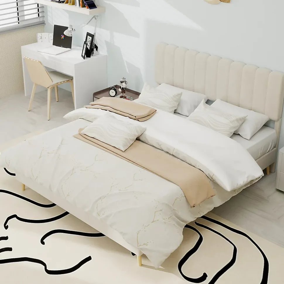 Lit Double 140x200 cm - avec Tête de Lit Douce et Base Basse Anti-Poussière, Cadre Confortable, en Velours, Beige, Sans Matelas