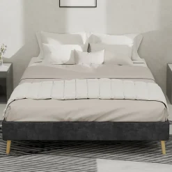 Lit Double 140x200 cm - Cadre Minimaliste Moderne à Structure Basse, Sans Tête de Lit, Sans Matelas, en Velours Hollandais, Gris