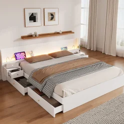 Lit Double 180x200 cm 2 Chevets avec USB, Éclairage LED, Prise et Contrôle Via App Mobile, 4 Tiroirs, Blanc, Pin, Sans Matelas