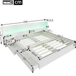 Lit Double 180x200 cm 2 Chevets avec USB, Éclairage LED, Prise et Contrôle Via App Mobile, 4 Tiroirs, Blanc, Pin, Sans Matelas