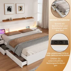Lit Double 180x200 cm 2 Chevets avec USB, Éclairage LED, Prise et Contrôle Via App Mobile, 4 Tiroirs, Blanc, Pin, Sans Matelas