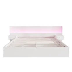 Lit Double 180x200 cm 2 Chevets avec USB, Éclairage LED, Prise et Contrôle Via App Mobile, 4 Tiroirs, Blanc, Pin, Sans Matelas