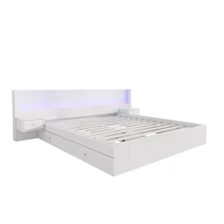 Lit Double 180x200 cm 2 Chevets avec USB, Éclairage LED, Prise et Contrôle Via App Mobile, 4 Tiroirs, Blanc, Pin, Sans Matelas