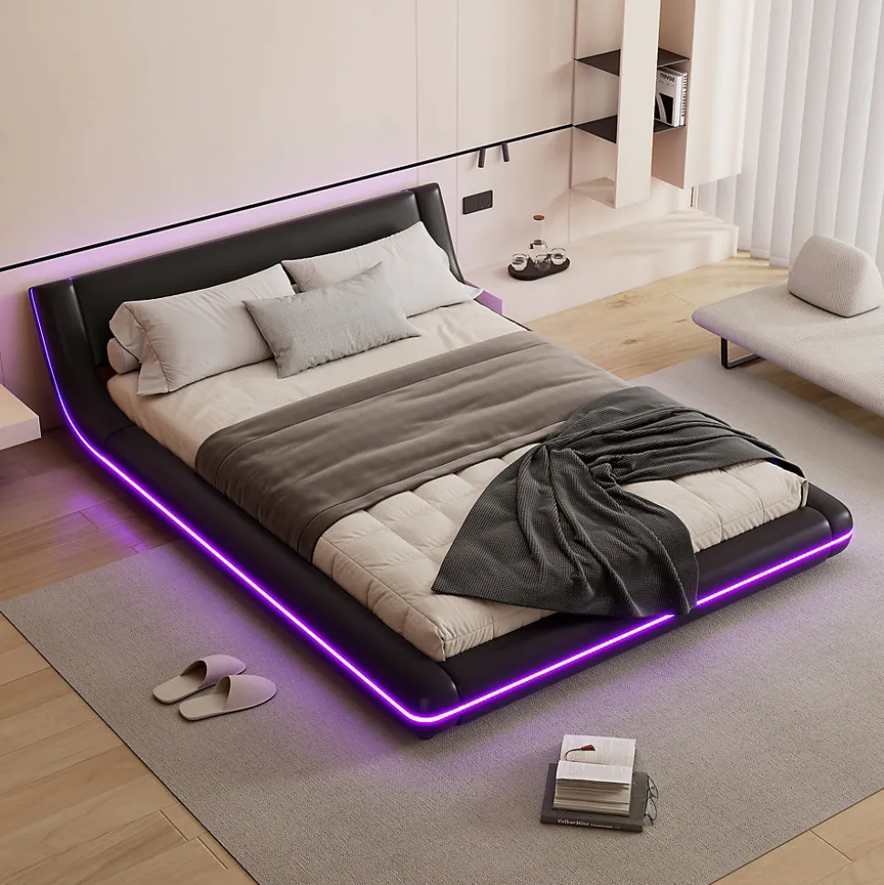 Lit Double 140x200 cm - Éclairage LED avec Télécommande 24 Touches - PU et MDF - Noir - Sans Matelas