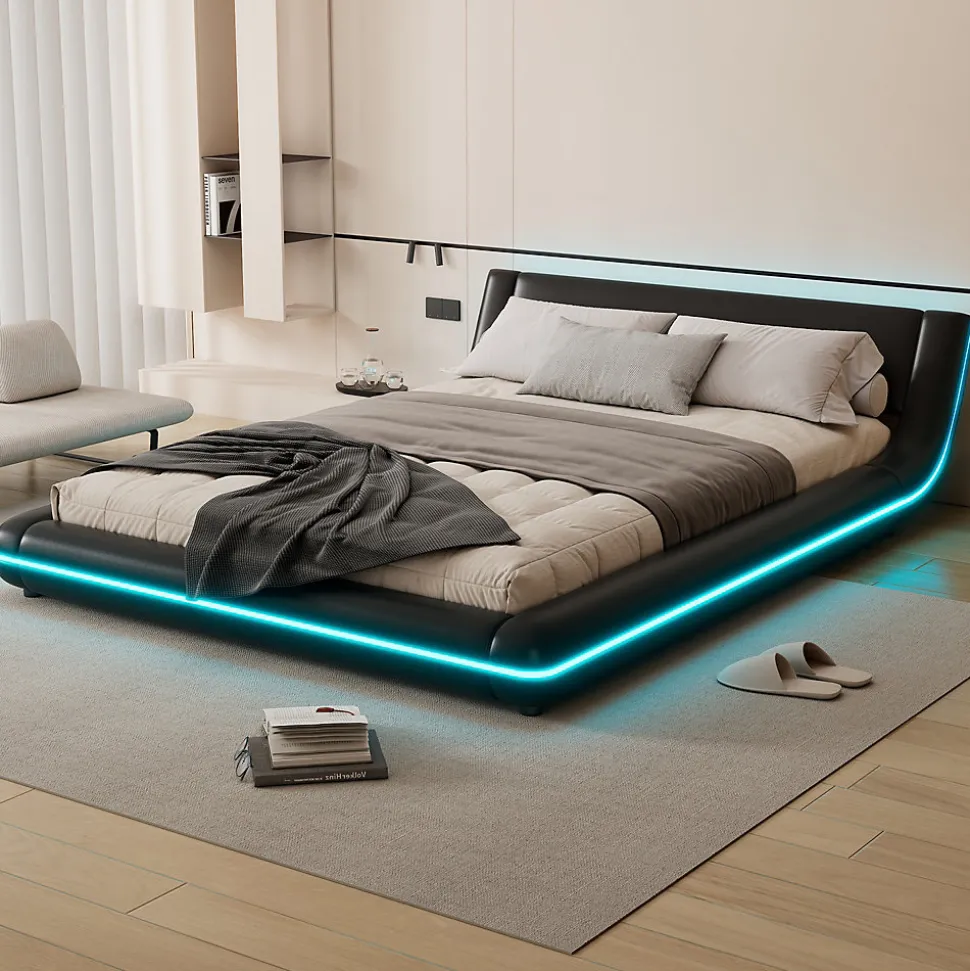 Lit Double 140x200 cm - Éclairage LED avec Télécommande 24 Touches - PU et MDF - Noir - Sans Matelas