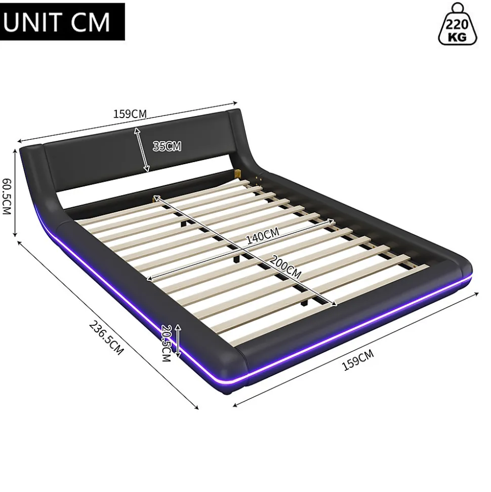 Lit Double 140x200 cm - Éclairage LED avec Télécommande 24 Touches - PU et MDF - Noir - Sans Matelas