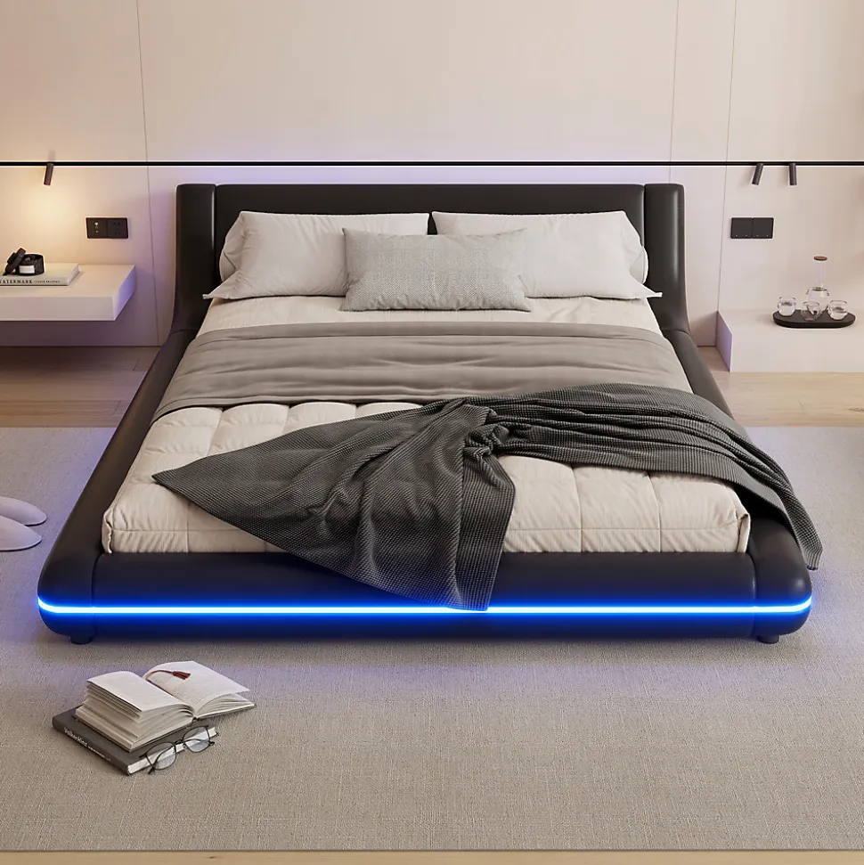 Lit Double 140x200 cm - Éclairage LED avec Télécommande 24 Touches - PU et MDF - Noir - Sans Matelas