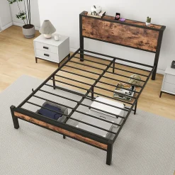 Lit Double 140x200 cm - Lit Ado Métal avec Tête de Lit Rangement, MDF, Marron - Solide et Silencieux - Sans Matelas