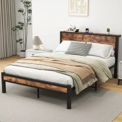 Lit Double 140x200 cm - Lit Ado Métal avec Tête de Lit Rangement, MDF, Marron - Solide et Silencieux - Sans Matelas