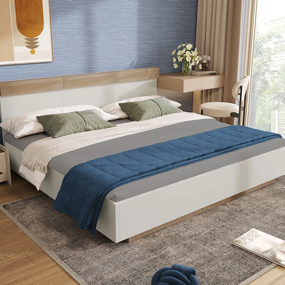 Lit double 180x200 cm - Lit adulte flottant en bois massif avec sommier à lattes - Bois massif - Sans Matelas - Naturel