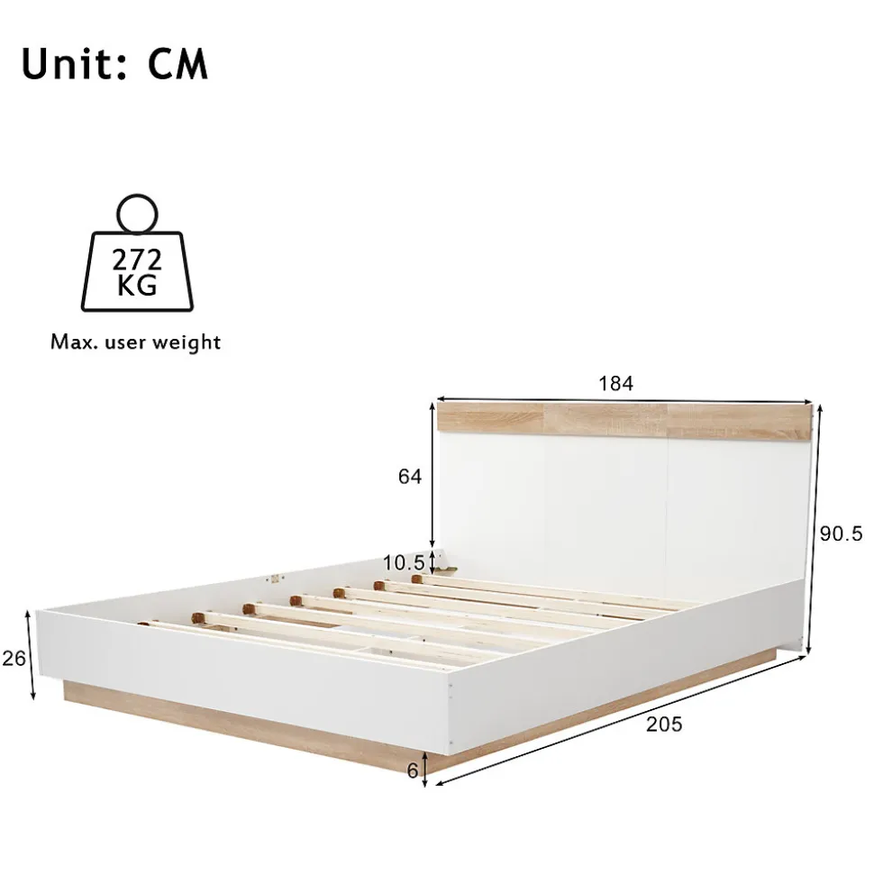 Lit double 180x200 cm - Lit adulte flottant en bois massif avec sommier à lattes - Bois massif - Sans Matelas - Naturel