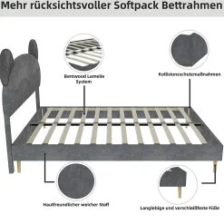 Lit Double 140x200 cm - Lit Adulte avec Tête Cartoon Capitonnée et Cadre Bas, Velours Gris, sans Matelas