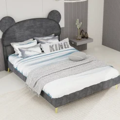 Lit Double 140x200 cm - Lit Adulte avec Tête Cartoon Capitonnée et Cadre Bas, Velours Gris, sans Matelas