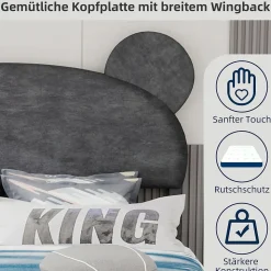 Lit Double 140x200 cm - Lit Adulte avec Tête Cartoon Capitonnée et Cadre Bas, Velours Gris, sans Matelas