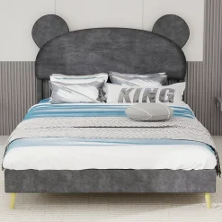 Lit Double 140x200 cm - Lit Adulte avec Tête Cartoon Capitonnée et Cadre Bas, Velours Gris, sans Matelas