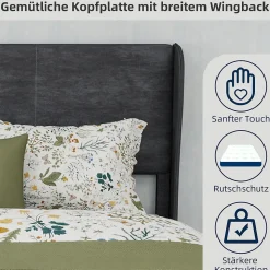 Lit Double 140x200 cm - Lit Adulte avec Tête de Lit Douce et Base Basse, Lit Capitonné Moderne, en Velours Gris, Sans Matelas