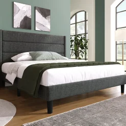 Lit double 140x200 cm - Lit adulte double capitonné avec sommier à lattes - Lin - Sans Matelas - Gris Foncé