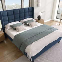 Lit double 140x200 cm - Lit adulte capitonné avec sommier à lattes - Lin - Sans Matelas - Bleu