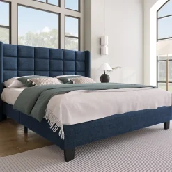 Lit double 140x200 cm - Lit adulte capitonné avec sommier à lattes - Lin - Sans Matelas - Bleu