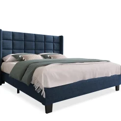 Lit double 140x200 cm - Lit adulte capitonné avec sommier à lattes - Lin - Sans Matelas - Bleu